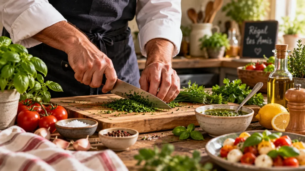 techniques culinaires de découpe d'herbe realisé par un chef