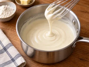 Texture lisse et nappante d’une sauce béchamel maison