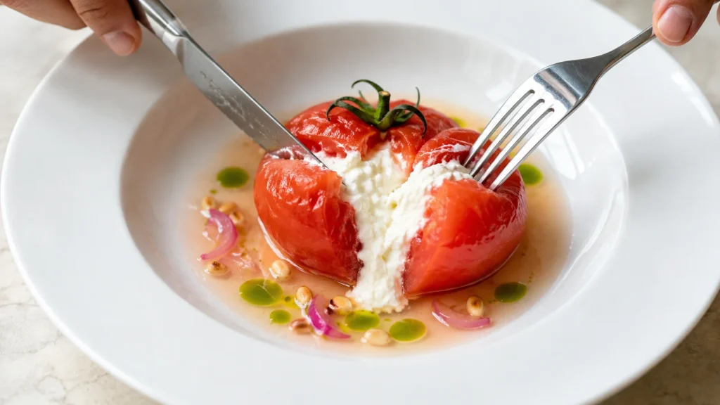 Tomate surprise ouverte révélant un cœur de stracciatella dans une assiette avec eau de tomate, huile de basilic, pickles et pignons