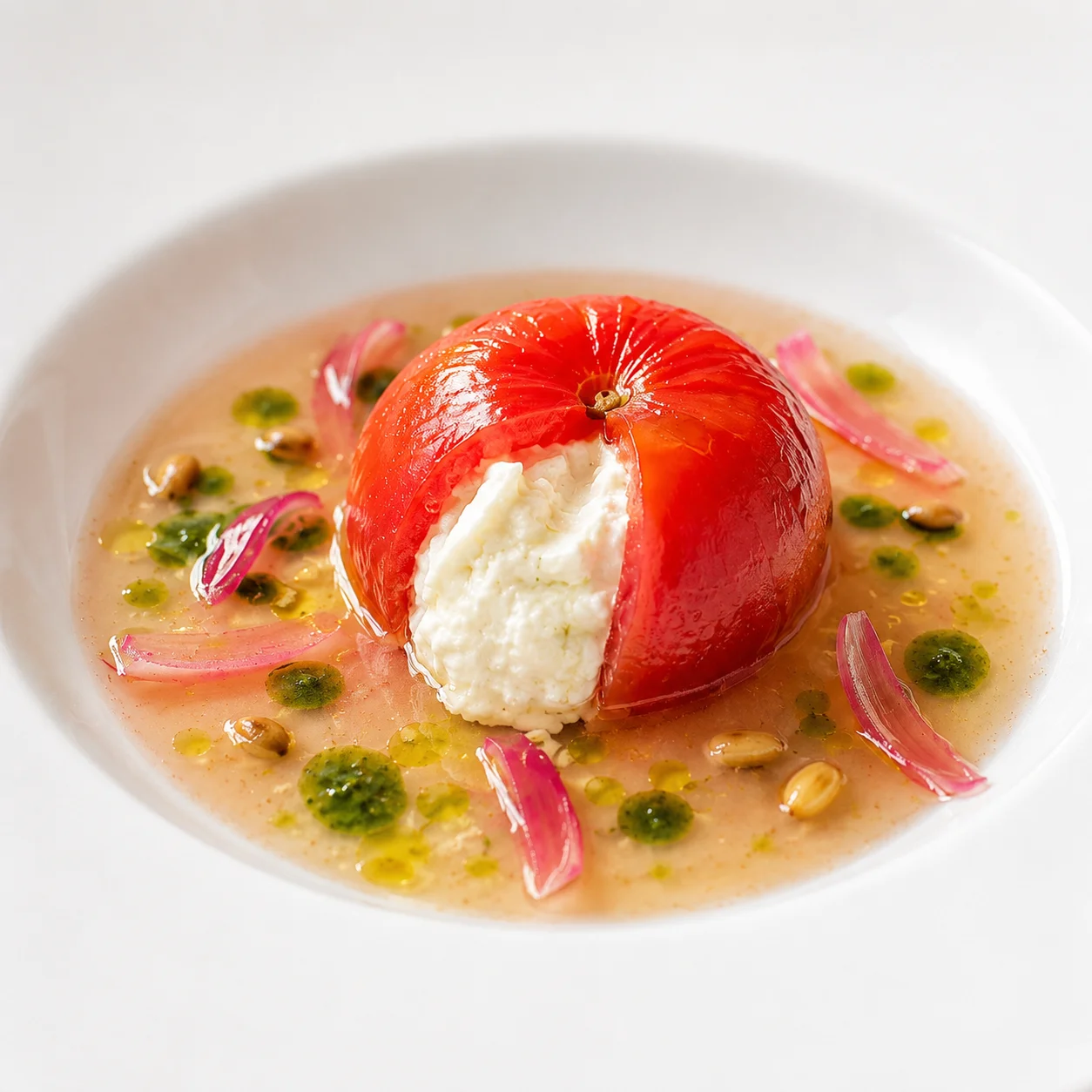 Tomate surprise ouverte sur un cœur de stracciatella avec eau de tomate et basilic