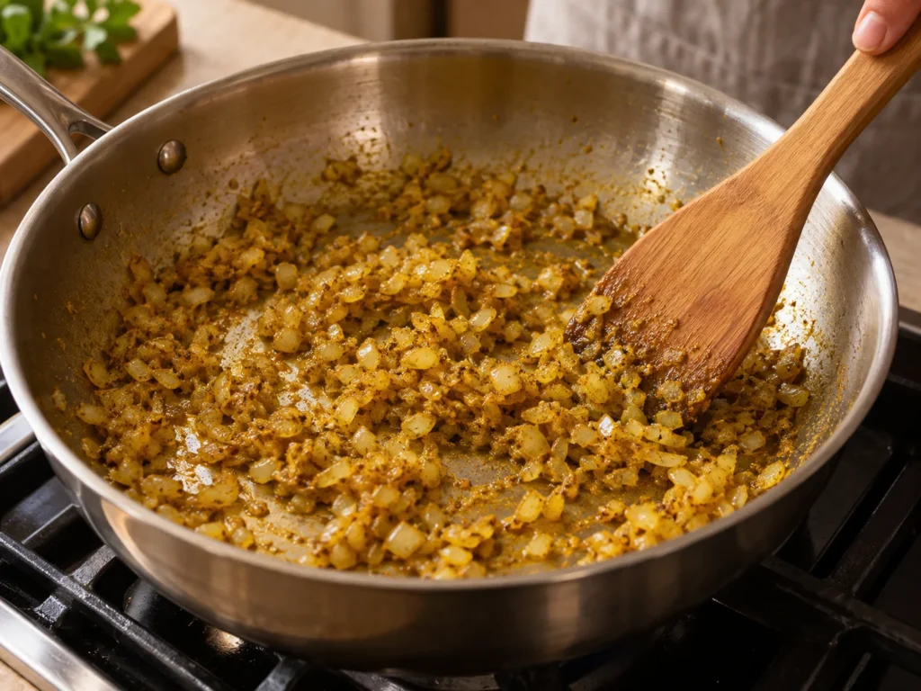 Curry en poudre torréfié avec des oignons fondants dans une poêle